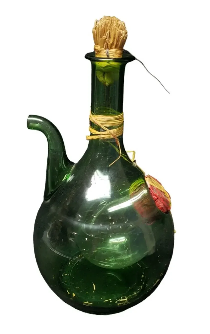 Vintage Italian Green Hand Blown Glass Wine Decanter w Ice Chamber Made In Italy